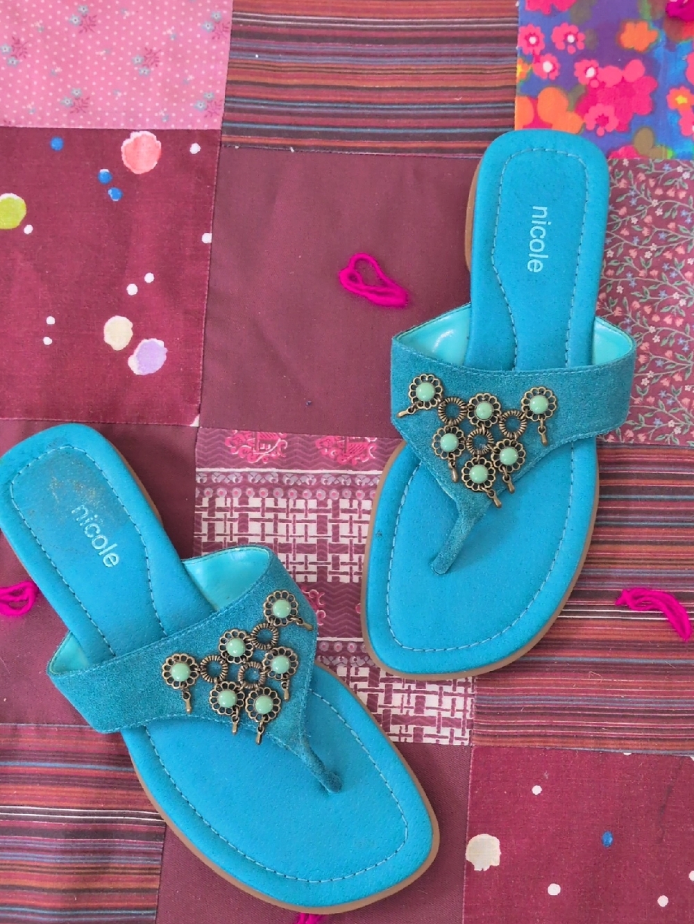 Nicole Turquoise Suede Jeweled Thong Sandals